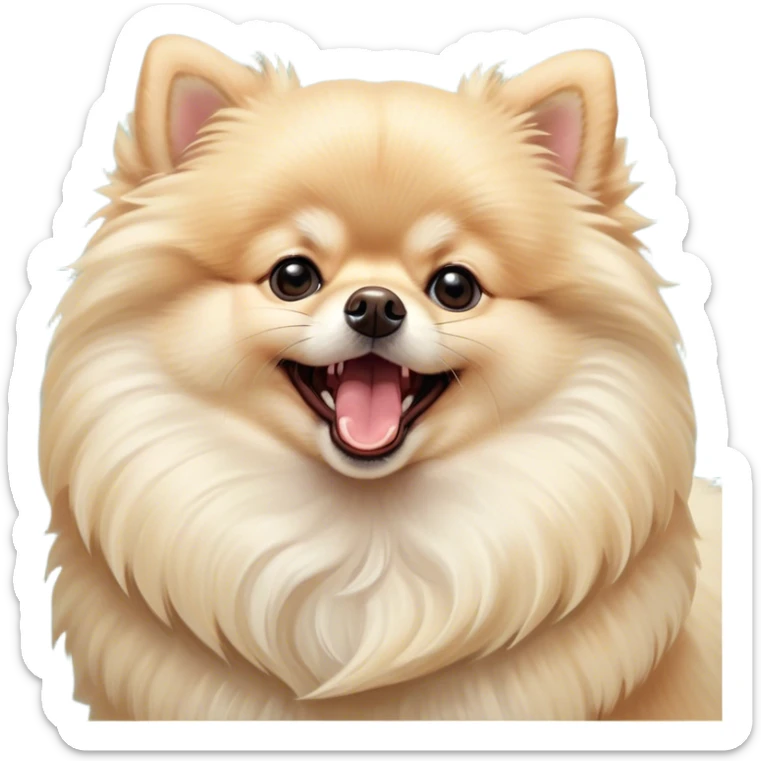 Cinematic Cute Yawning Cream Pomeranian Portrait Emoji, Head tilted slightly with a dramatic, wide-open yawn, showcasing a soft, fluffy cream Fur with gentle highlights, floppy ears slightly drooping, round dark eyes barely open in drowsy contentment, Simplified yet irresistibly adorable features, highly detailed, glowing with a soft, cozy glow, high shine, relaxed yet expressive, stylized with a touch of whimsy, bright and endearing, soft glowing outline, capturing the essence of a sleepy yet affectionate companion, so drowsy it feels like it could stretch right out of the screen and curl up for a nap! sticker