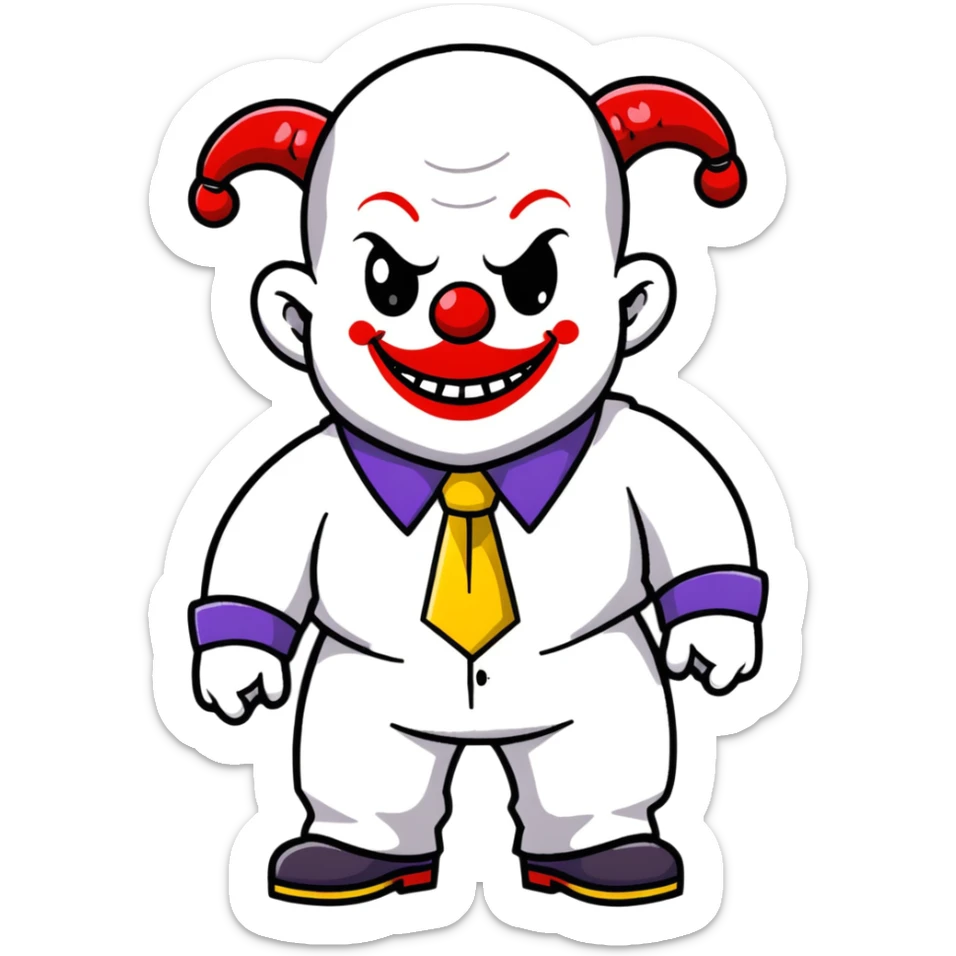 full-body demonic clown in a white leisure suit with bellbottom pants, bald, black ram horns, elevator shoes, flashy belt, ruffled shirt, colorful tie sticker