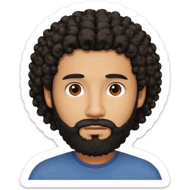 This is a cartoon-style avatar of a man with curly black hair, a beard, and a calm expression  sticker