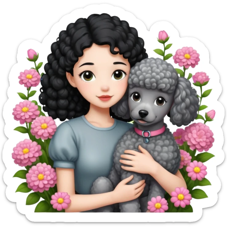 A beautiful girl with black ponytail and short sleeves happily hugs a gray curly poodle in the flowers sticker