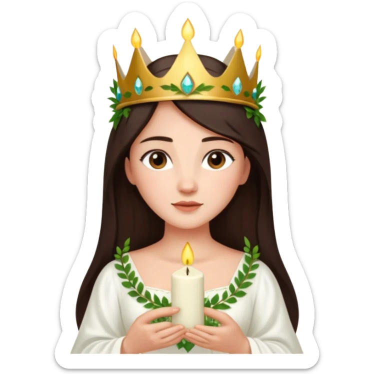  saint lucia with dark brown hair with a white gown and a crown made from greenery with candles on the crown sticker