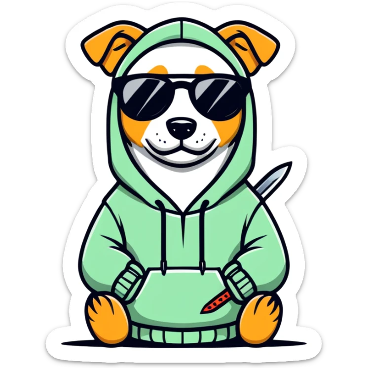 Dog with cool hoodie and sunglasses with knife in hand sticker