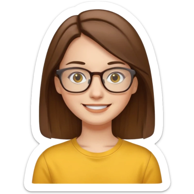 Hawaii female with white skin. Shoulder length straight brown hair. Brown eyes with glasses. Female wearing yellow shirt. sticker