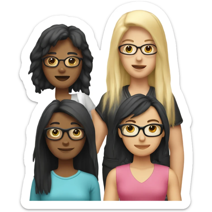 Four friends. One is Indonesian with a black mullet, one is a woman with a red shag hair cut, one is a girl with blonde hair and pink glasses and one is a masculine woman with short blond hair  sticker