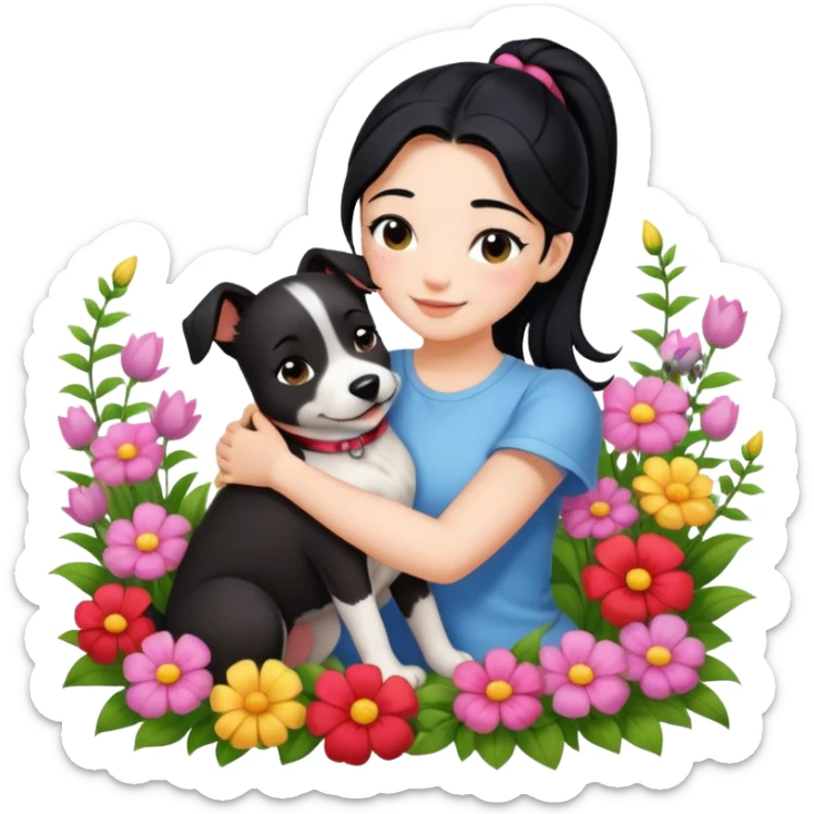 A beautiful girl with black ponytail and wearing short sleeves happily hugs a dog in the flowers sticker
