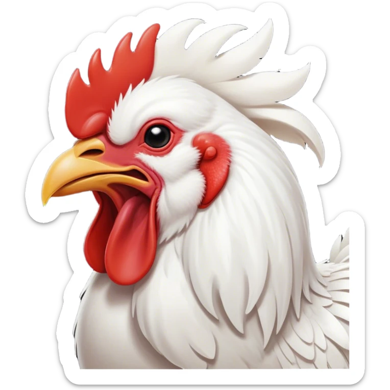 Cinematic Cute Yawning White Rooster Portrait Emoji, Head tilted slightly with a dramatic, wide-open yawn, showcasing a soft, downy white plumage with a crisp red comb and drooping wings, round eyes barely open in drowsy contentment, Simplified yet irresistibly adorable features, highly detailed, glowing with a soft, cozy glow, high shine, relaxed yet expressive, stylized with a touch of whimsy, bright and endearing, soft glowing outline, capturing the essence of a sleepy yet affectionate rooster, so drowsy it feels like it could stretch out of the screen and curl up for a nap! sticker