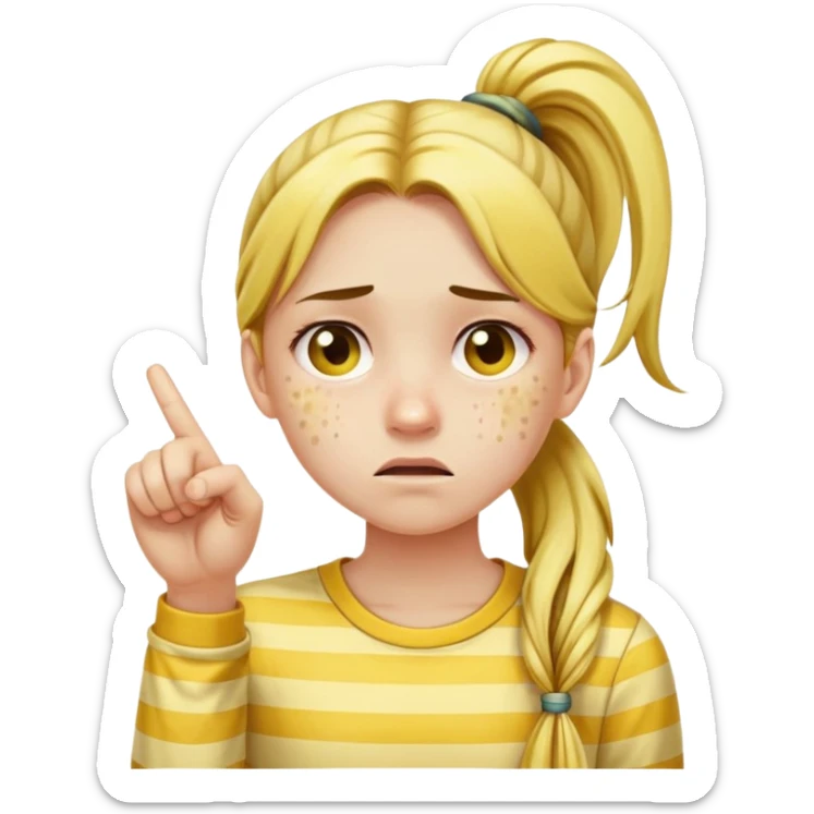 make a memoji of a girl with long ponytail, yellow striped shirt, with face full of pimples acting sad while pointing at its face sticker