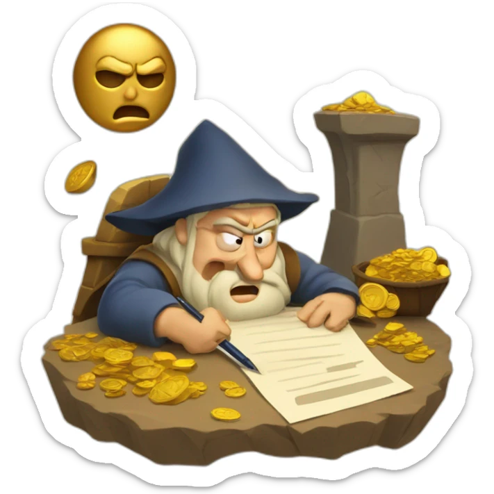 middle ages taxman, angry, writing on a paper, pile of gold sticker