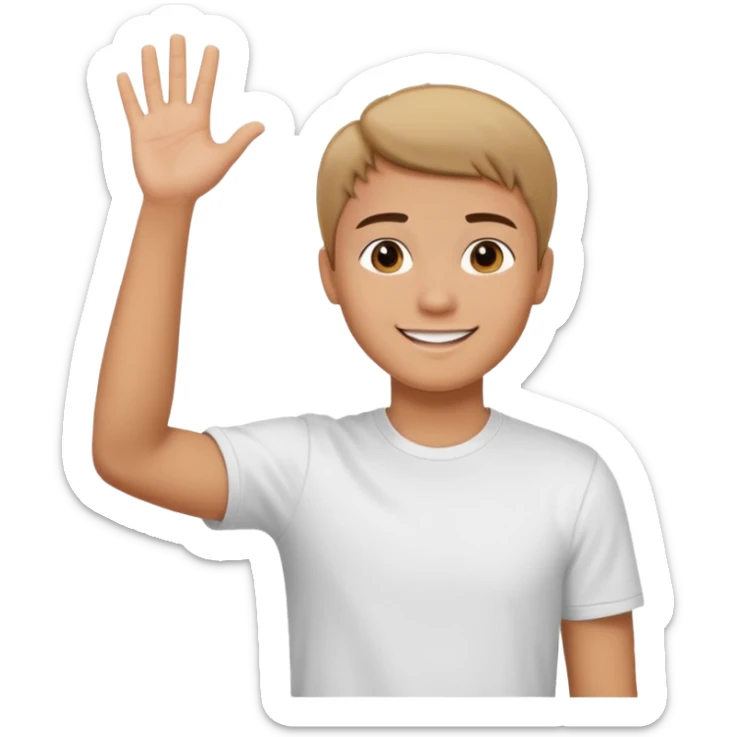 joven trigueño corte de pelo corto polera blanca sonrisa bonita saludando mano arriba sticker