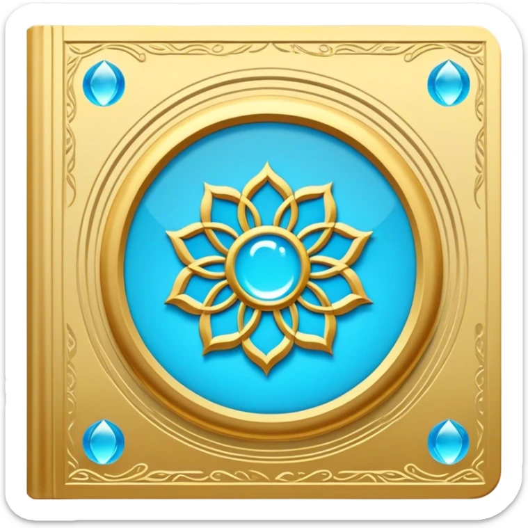 Un libro book dorado y azul celeste con detalles esmeralda, bordes luminosos y un símbolo de círculo zen, loto en la portada, irradiando presencia, tranquilidad y despertar espiritual. portada de libro sticker