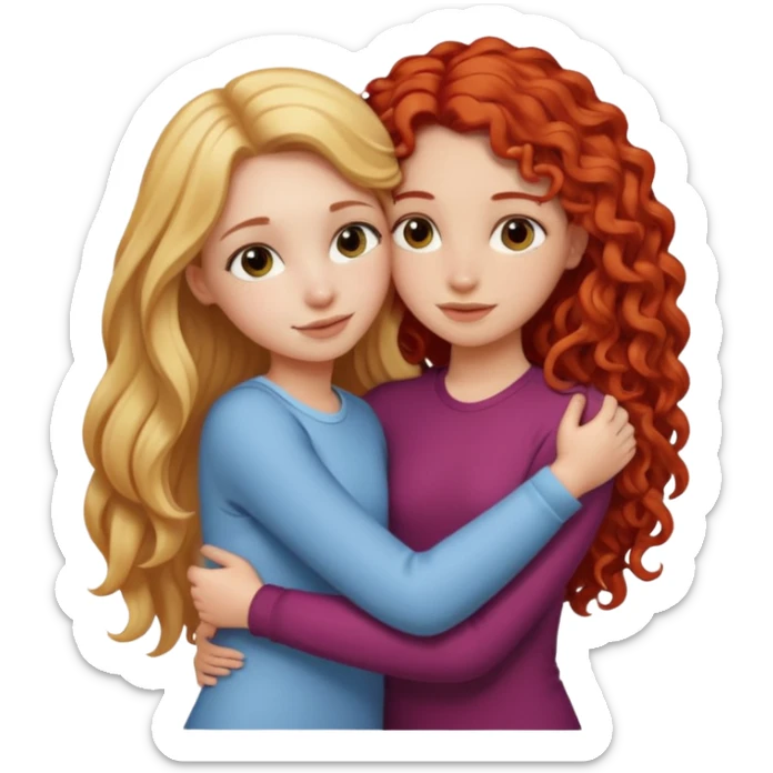 A girl with straight long blonde hair hugging a girl with red curly hair  sticker