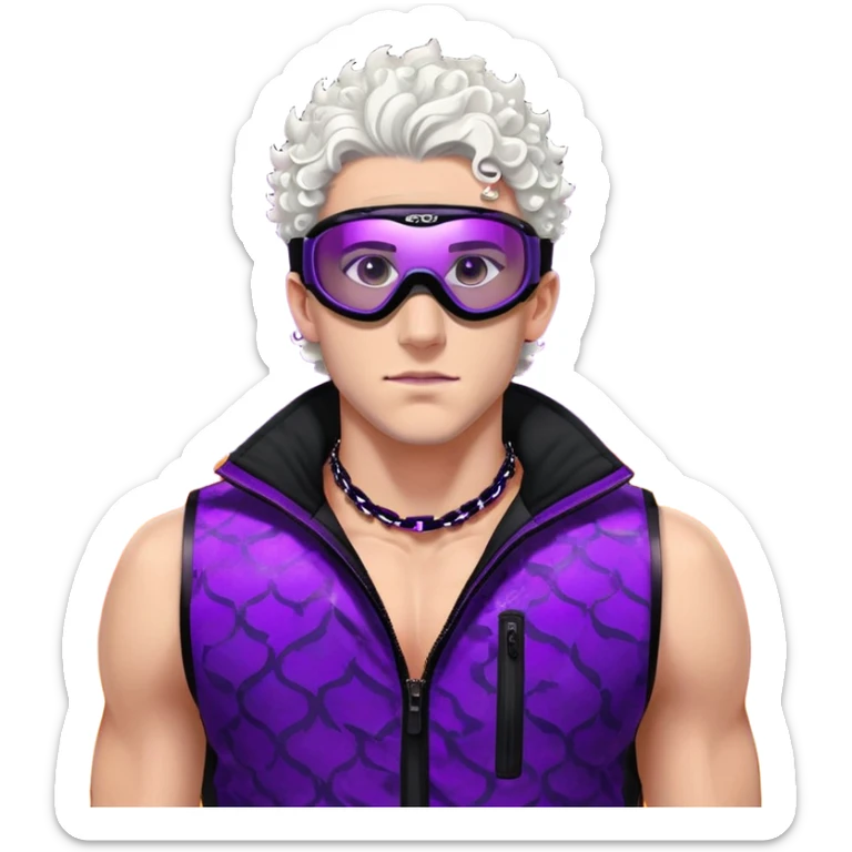 close-up of bad guy male athlete with white skin and moderately curly dark brown hair on top with shaved sides, wearing ski goggles with purple frames and very dark black lenses, a simple plain black chain necklace, and a completely unzipped sleeveless vest with purple and black sequin fire pattern design with no logo, with an extremely arrogant sneer on his face, looking menacing and villainous, exuding overconfidence and a threatening aura sticker