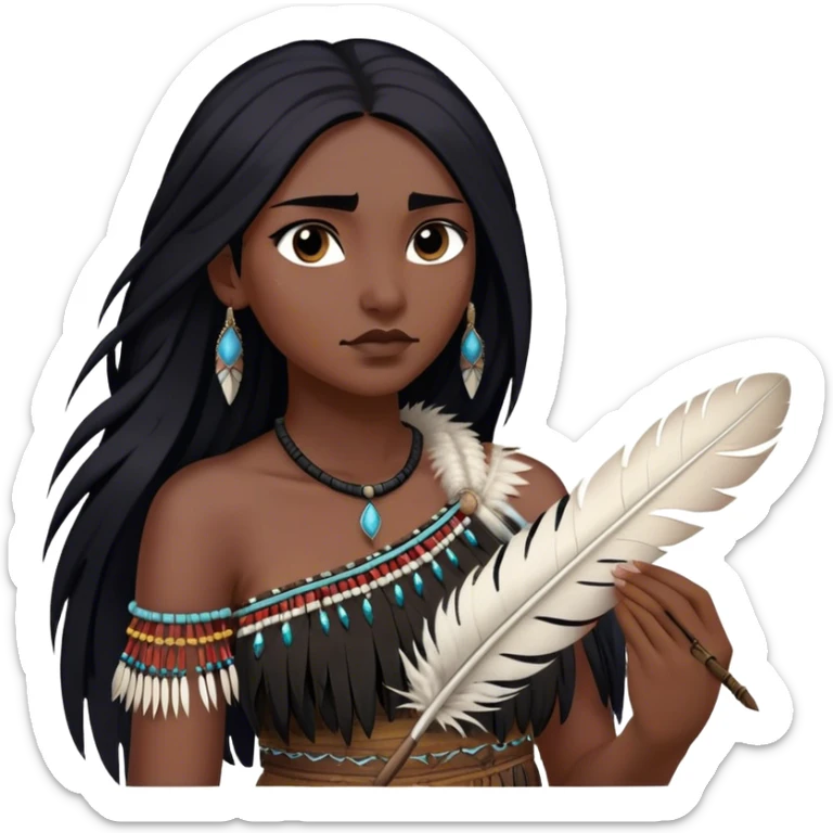 Cinematic Realistic Pocahontas Portrait, depicted with lifelike skin texture, soft natural lighting, and intricately detailed long, flowing raven-black hair that moves gracefully in the wind. Her deep, soulful dark brown eyes exude wisdom and strength, complemented by a serene yet powerful expression. She is shown gently holding a feather in one hand, her other hand resting lightly at her side, embodying the harmonious balance between nature and herself. She is dressed in her classic one-shoulder native American dress, with rich fabric textures and delicate beaded details that catch the light beautifully. The portrait features a soft, sun-kissed glow with a natural, radiant finish, capturing the essence of untamed beauty and deep connection to nature in a realistic and painterly style, evoking a sense of depth and authenticity. sticker