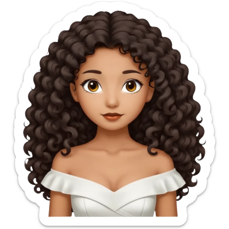 Dark tanned skin girl with very dark brown very big long curly hair, very dark Asian eyes, white dress at boatneck neckline   sticker