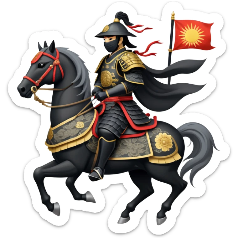 clash-of-clans-aesthetic_-cinematic-fearsome-and-majestic-samurai-bust-portrait-emoji, rendered in a flat, vector-style with minimal shading and bold, simplified shapes typical of emoji art, depicting a battle-hardened samurai with black mask and traditional black Japanese armor. The samurai is riding a noble grey warhorse adorned with an intricately designed saddle and fluttering banners and a rising sun. a zoomed in samurai riding on a  horse sticker