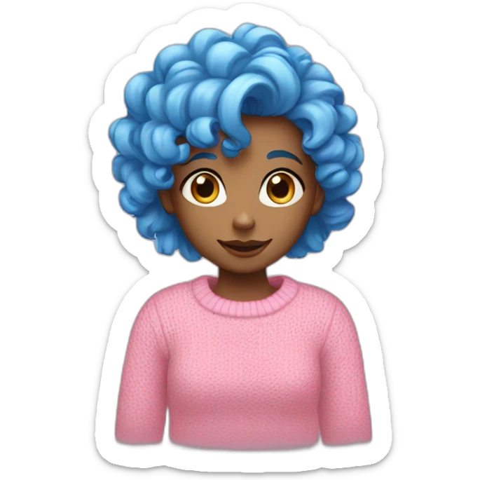 A girl, with curly blue hair, blue eyes, wearing a pink sweater. sticker