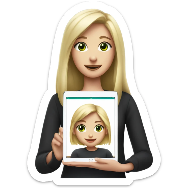 Apple grey ipad in girls hands (blond Girl whole height pinky lips greenish eyes wearing black top, holding IPad in one hand)) sticker