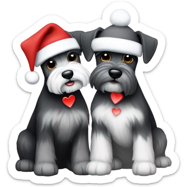 2 miniature schnauzers, 1 grey and one black and white, wearing Christmas hats with a heart in between them sticker