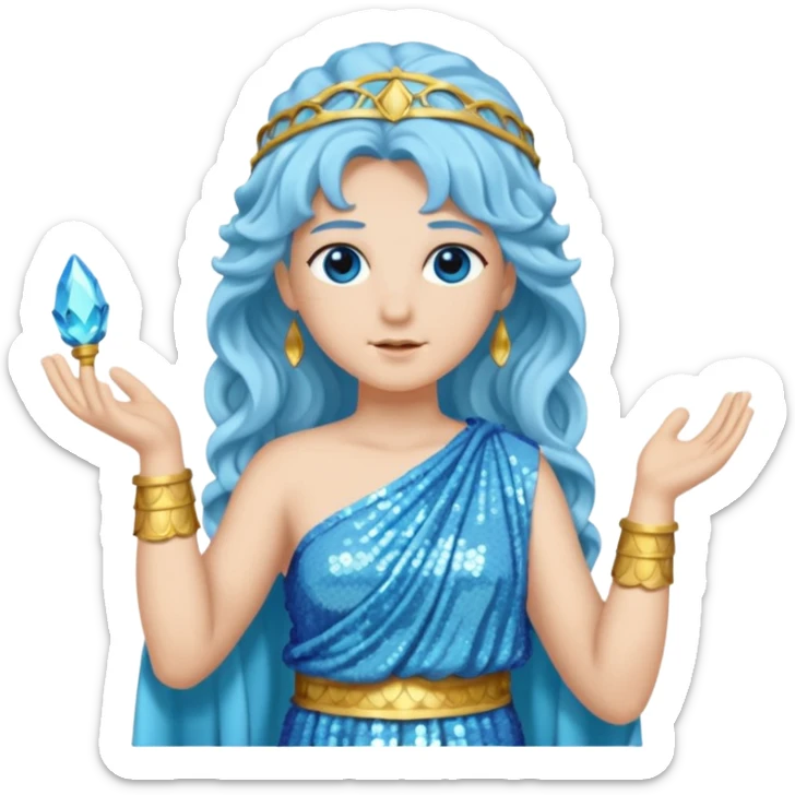 Athena from Roman Deities with long light blue wavy hair, light blue sequin toga sticker