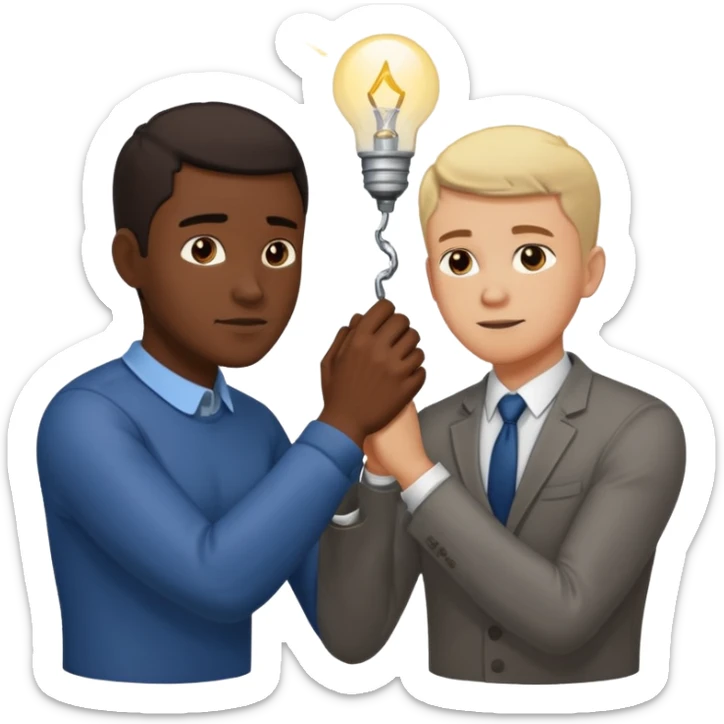 Muestra a dos personas. Uno de pie, alcanzando y firmemente halando hacia arriba a la otra persona que está agachada o en un agujero/grieta. Sus manos están entrelazadas en un agarre fuerte. El enfoque debe ser claro: un hombre ayuda a otro a levantarse o salir de una situación peligrosa. sticker