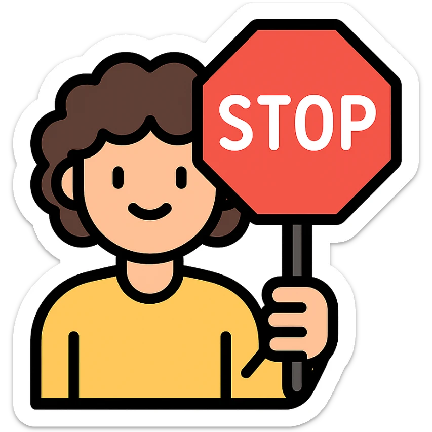 brunette person with curly hair holding a stop sign, color outline icon sticker