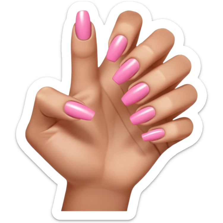  pink close-up of a hand with beautifully manicured nails, glossy pink nail polish, elegant nail shape, soft lighting and shadows, realistic style, sticker