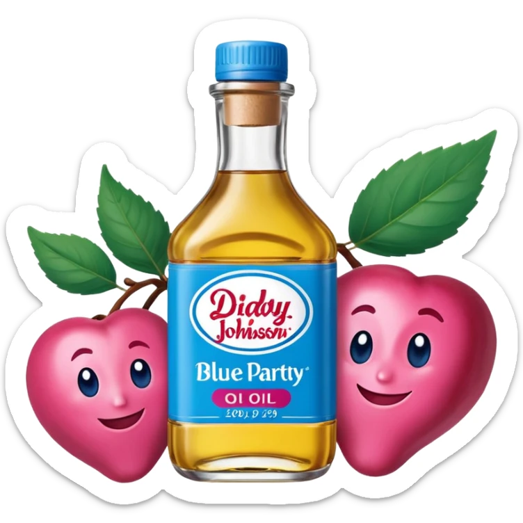 bottle of oil blue top pink outside with logo that says Diddy Party oil Johnson and Johnson  brand with a smiling berry on top sticker
