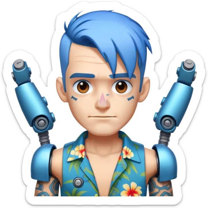 Franky with blue hair, metal nose, Hawaiian shirt, robotic arms sticker