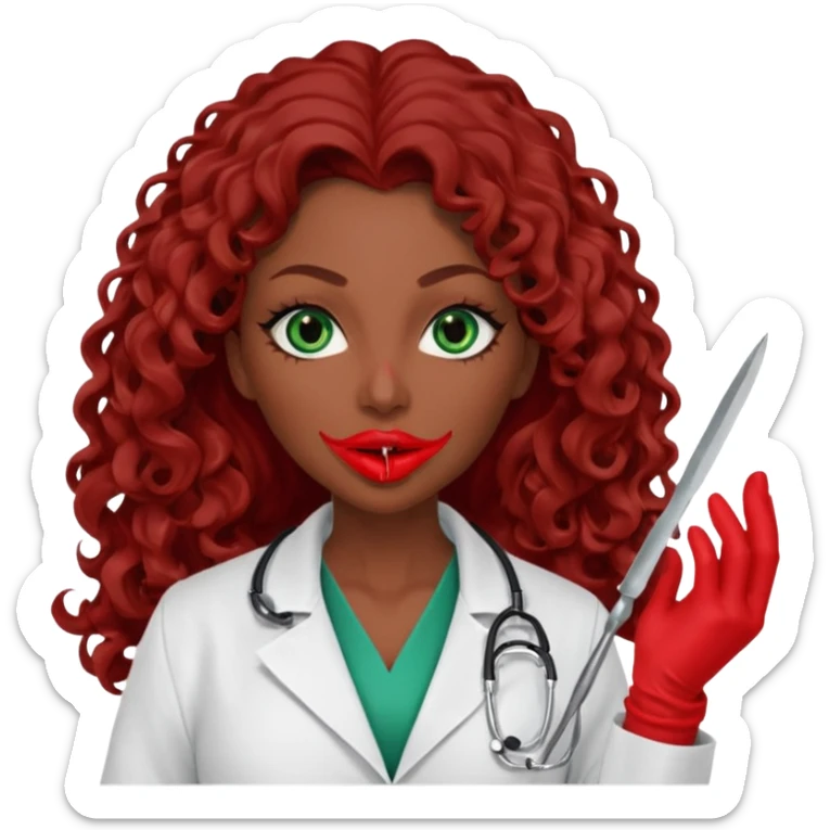 Lilith symbol sexy evil woman. She has green eyes.  had brown long curly hair.  evil surgeon kills with scalpel wears red sexy doctor coat with red mouth cover red gloves. Covers nose, neck  and mouth with Muslim red berka sticker