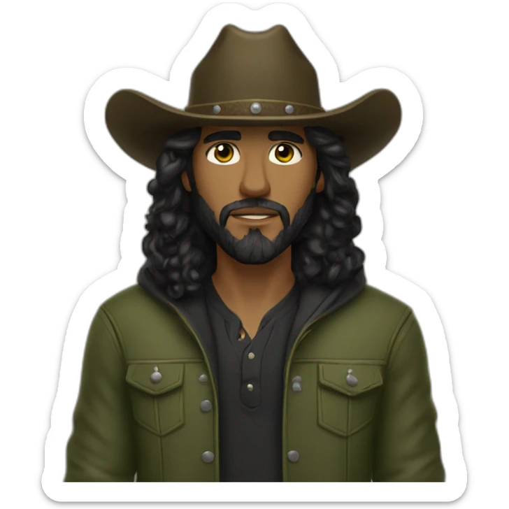 White hazel eyed cowboy with black curly long hair and beard wearing a black cowboy hat and olive green hoodie sticker