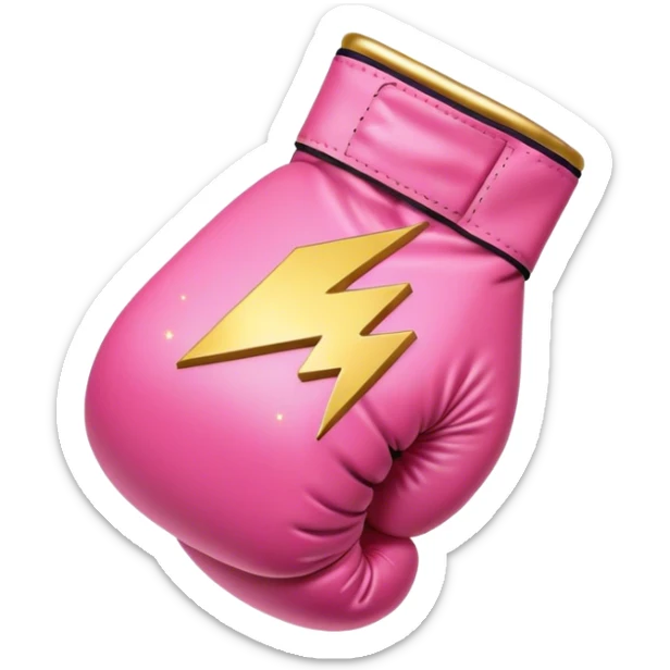 pink boxing glove with golden lightning bolts, female symbol ♀ on the backhand, sparkling stardust particles in the background sticker