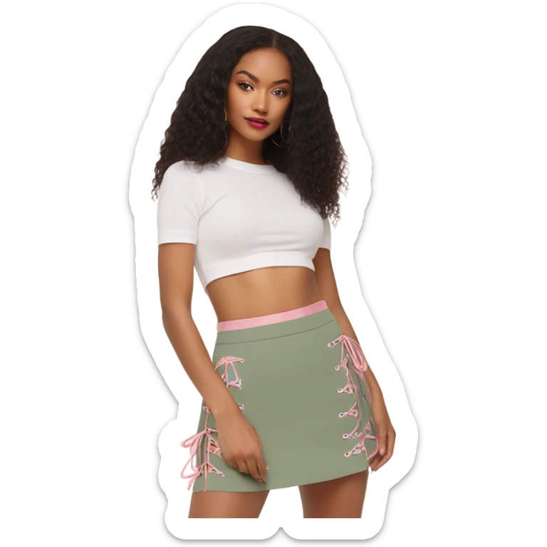 Sage green a-line mini skirt with pink lace up on the sides and bows and embroidery, isolated sticker