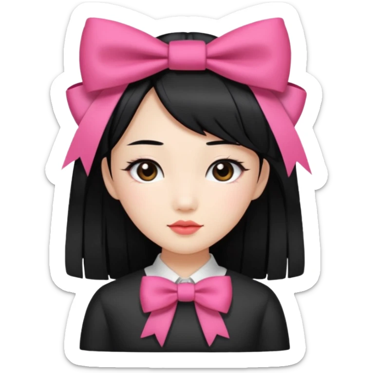 Asian girl with straight black hair and coquette bow on hair sticker