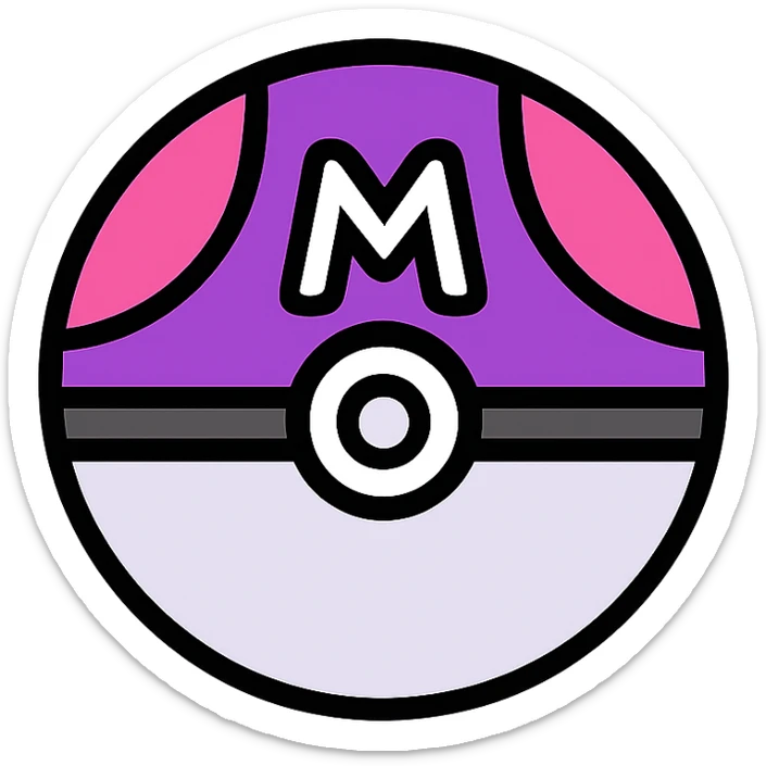 Minimalist icon of a Master Ball, flat design, purple and pink color scheme, white 'M' on top, transparent background sticker