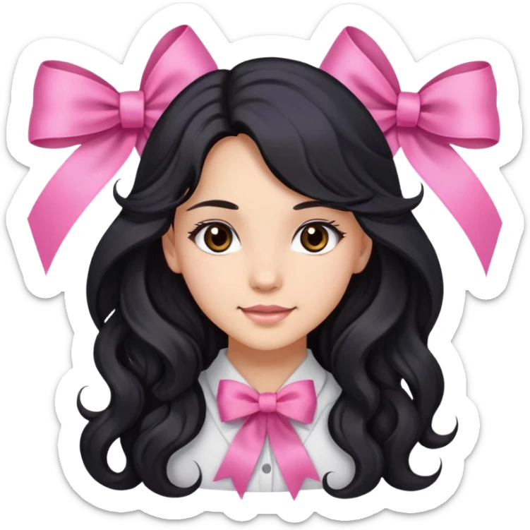 Beautiful girl with long wavy black hair, brown eyes, light skin, slight smile, and pink ribbon in hair sticker