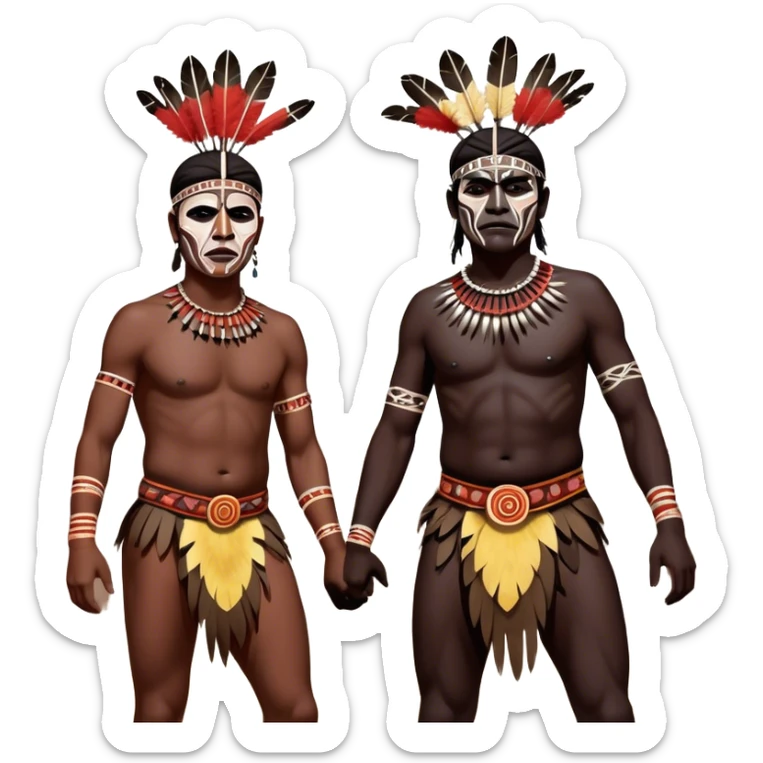 Cinematic Realistic scene of two indigenous male aboriginals performing an Aboriginal Corroboree, adorned in traditional body paint, A corroboree is an Australian Aboriginal ceremonial meeting. It usually includes celebration of Aboriginal mythology and spirituality, which is based in the Dreaming sticker