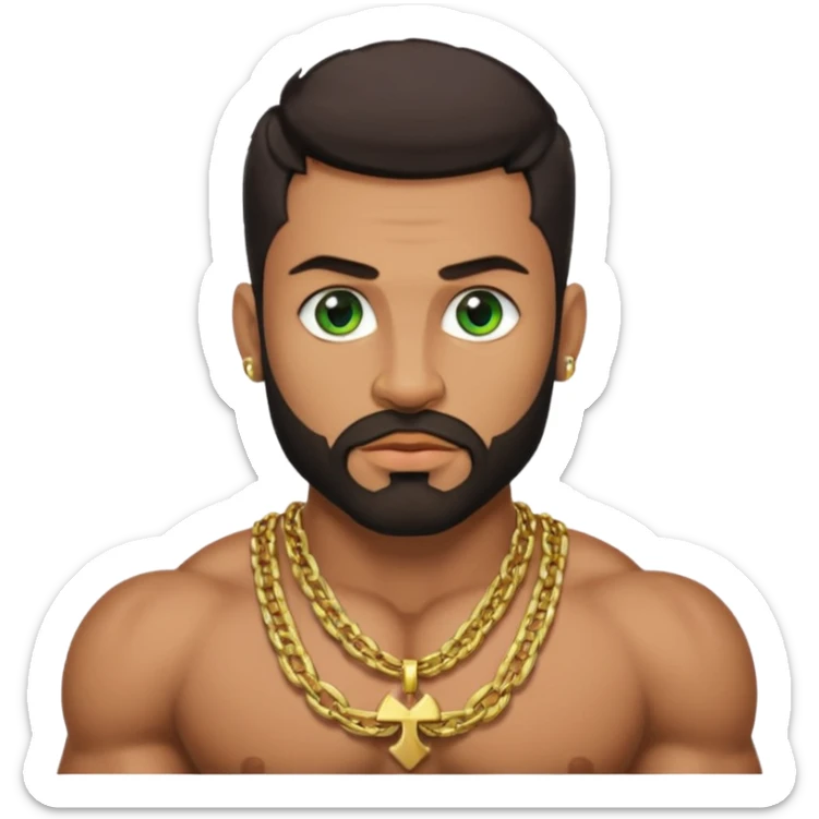 green eyes, dark short hair, muscular shoulders, wide cross, gold chain, big lips big nose big eyes, masculine good looking, dark beard sticker