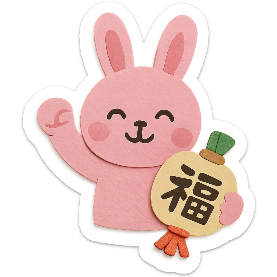 pink bunny holding lucky charm and pumping fist, paper-craft style sticker