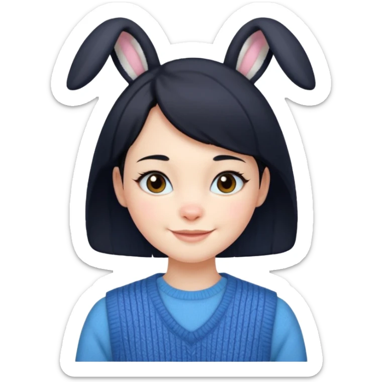 make a girl hair short black and wear bunny skin pale ok and wear Sweater vests blue and make little bit a younger sticker