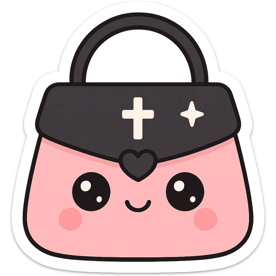 white and black gothic purse, kawaii style, big eyes, smiling, cartoonish, playful, minimal gothic symbols sticker