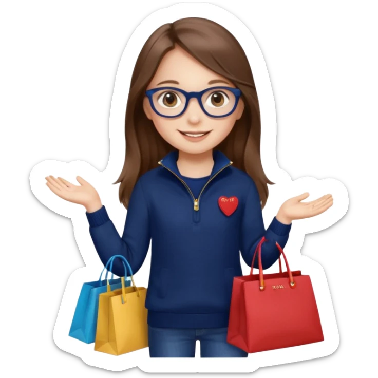 A little girl (he usually calls her baby), who is obsessed with shopping and luxury brands and holds a dozen of bags, she wears navy blue half zip sweater and holds 10 bags and she has long brown hair with Prada eyeglasses. The previous one but with eyeglasses  sticker