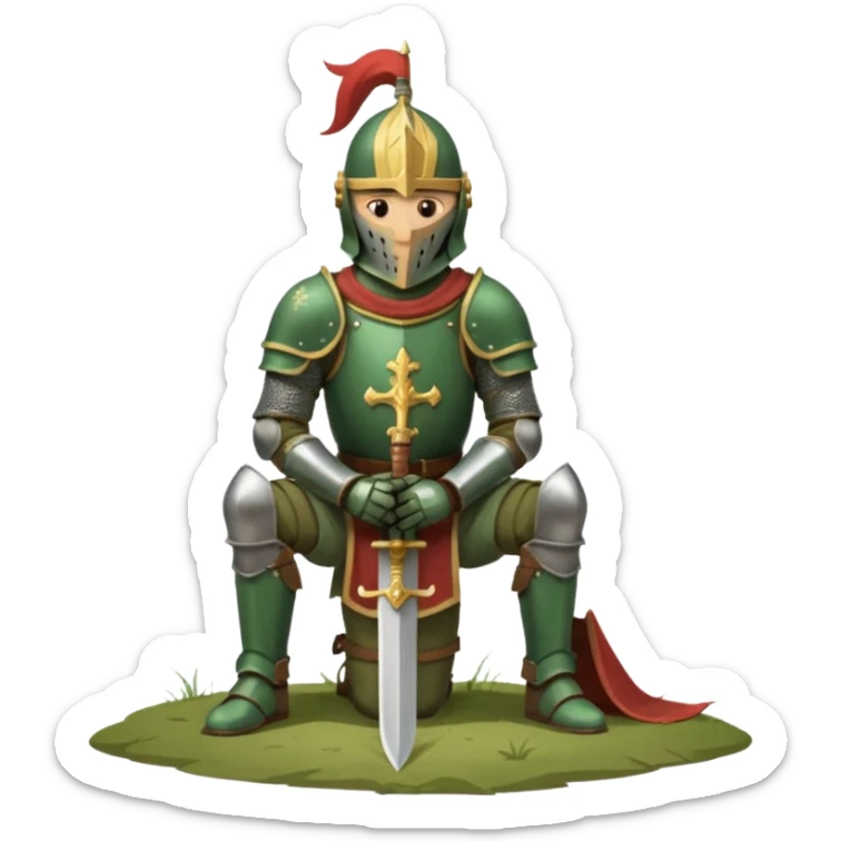 A lone medieval knight in a green worn armor kneels. His helmet is closed, hiding his face, conveying silence, exhaustion and contemplation. A long sword is planted in the ground beside him, its hilt resting near his gloved hands as if he is praying or resting after battle. sticker