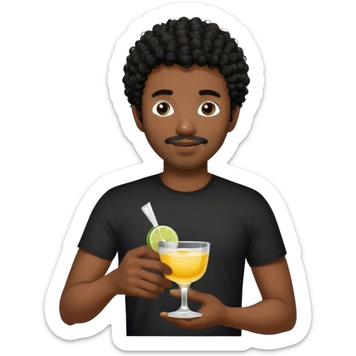 dark black guy, short black curly hair, short facial hair, holding tequila, black shirt  sticker