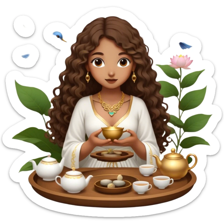 Light brown skin girl, long curly brown flat hair, gold jewelry, white dress, feeding birds with wooden tea ceremony tray with lotus flower sticker