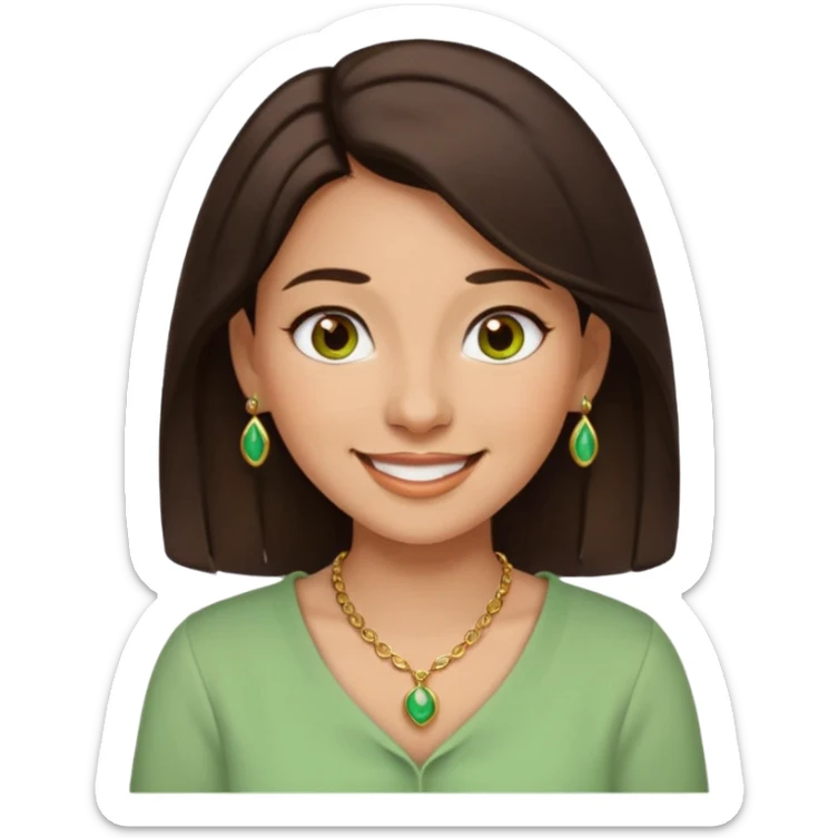 cheerful young woman emoji with dark brown hair, brown eyes, nose piercing, smiling, wearing green and cream blouse and gold necklace, expressing relaxed happiness sticker