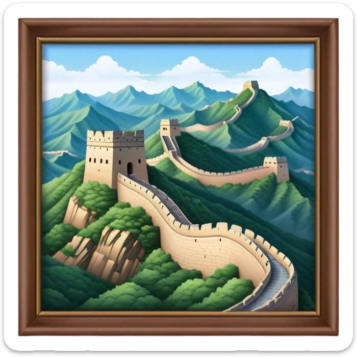 Cinematic Realistic Great Wall of China Landmark Emoji, depicted as ancient fortifications winding across majestic mountains, rendered with intricate detail and dramatic lighting. sticker