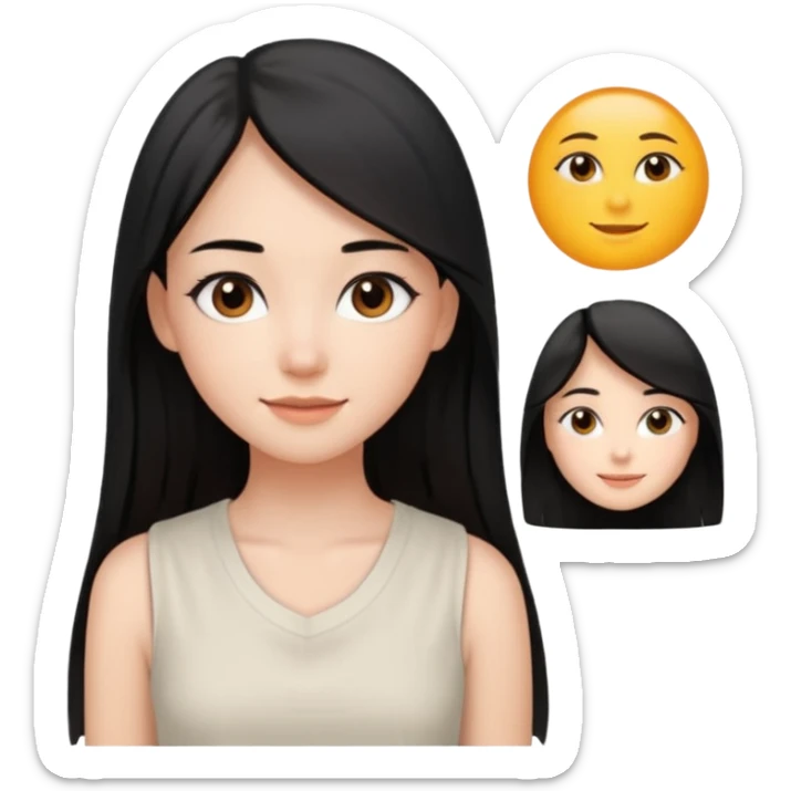 A young woman with long, straight and black hair, split in the center. She has brown eyes, natural makeup and a calm smile. He's wearing a white sleeveless blouse and is in front of him. sticker
