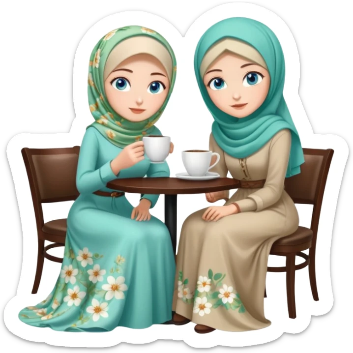 Turkish beautiful finish Konya girls blue eyes with Beautiful light green floral hijab long tail dress and the two friends in a white lovely coffeehouse sits on the chair on the ground and holds cup coffe with her hand  sticker