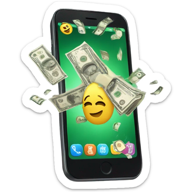 phone with cash bursting out of the screen, screen filled with cash sticker