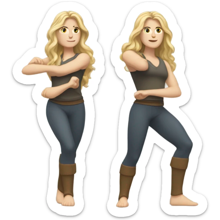 White woman, long hair, blonde hair, wavy hair, warrior 2 pose sticker